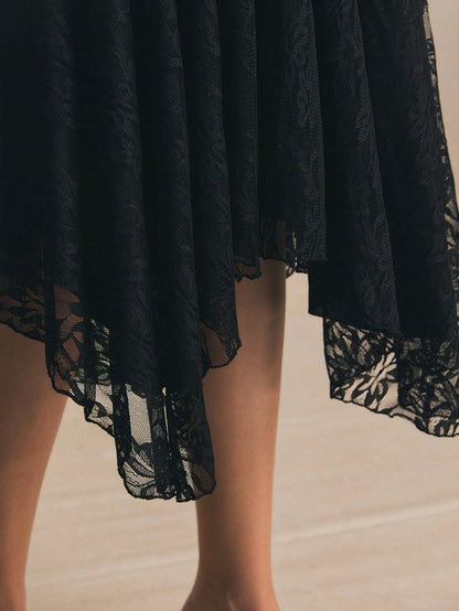Poéselle Women's Black Floral Autumn Elegant Goth Date Night Party Lace Midi Skirt, High Waist Asymmetrical Hem Flowy A-Line Skirt, Minimalist Solid
