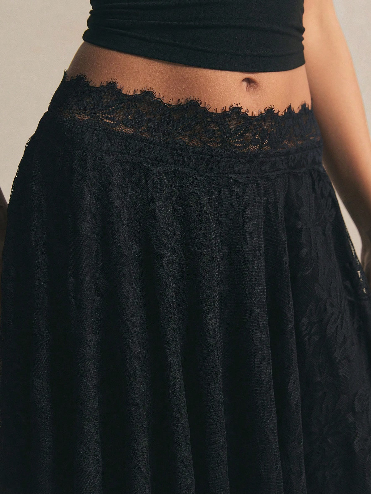 Poéselle Women's Black Floral Autumn Elegant Goth Date Night Party Lace Midi Skirt, High Waist Asymmetrical Hem Flowy A-Line Skirt, Minimalist Solid