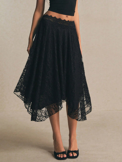 Poéselle Women's Black Floral Autumn Elegant Goth Date Night Party Lace Midi Skirt, High Waist Asymmetrical Hem Flowy A-Line Skirt, Minimalist Solid
