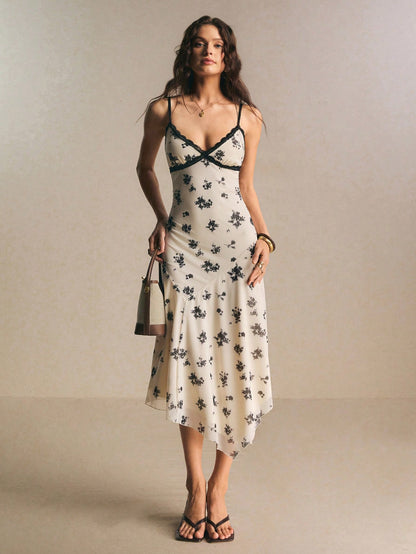 Poéselle Women's Floral Lace Trim Slip Dress For Women – Spaghetti Strap Midi Dress, Summer Vintage Cami Sundress Lace Trim Dress Floral Slip Dress Y2k Vintage