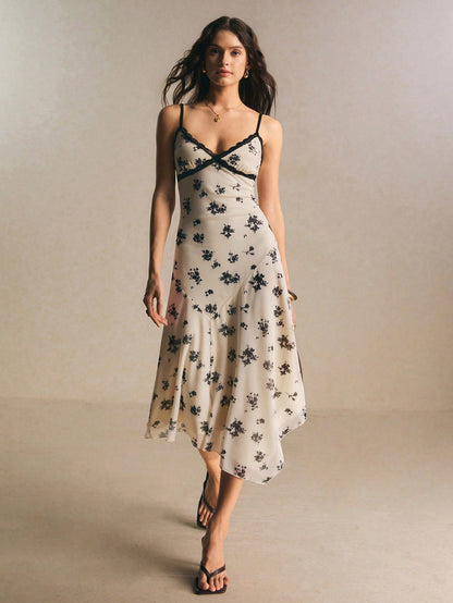 Poéselle Women's Floral Lace Trim Slip Dress For Women – Spaghetti Strap Midi Dress, Summer Vintage Cami Sundress Lace Trim Dress Floral Slip Dress Y2k Vintage