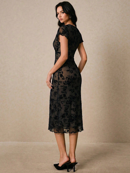 Poéselle Women's French Vacation Jacquard Frill Trim Fashion Dress Date Black Floral Summer Elegant