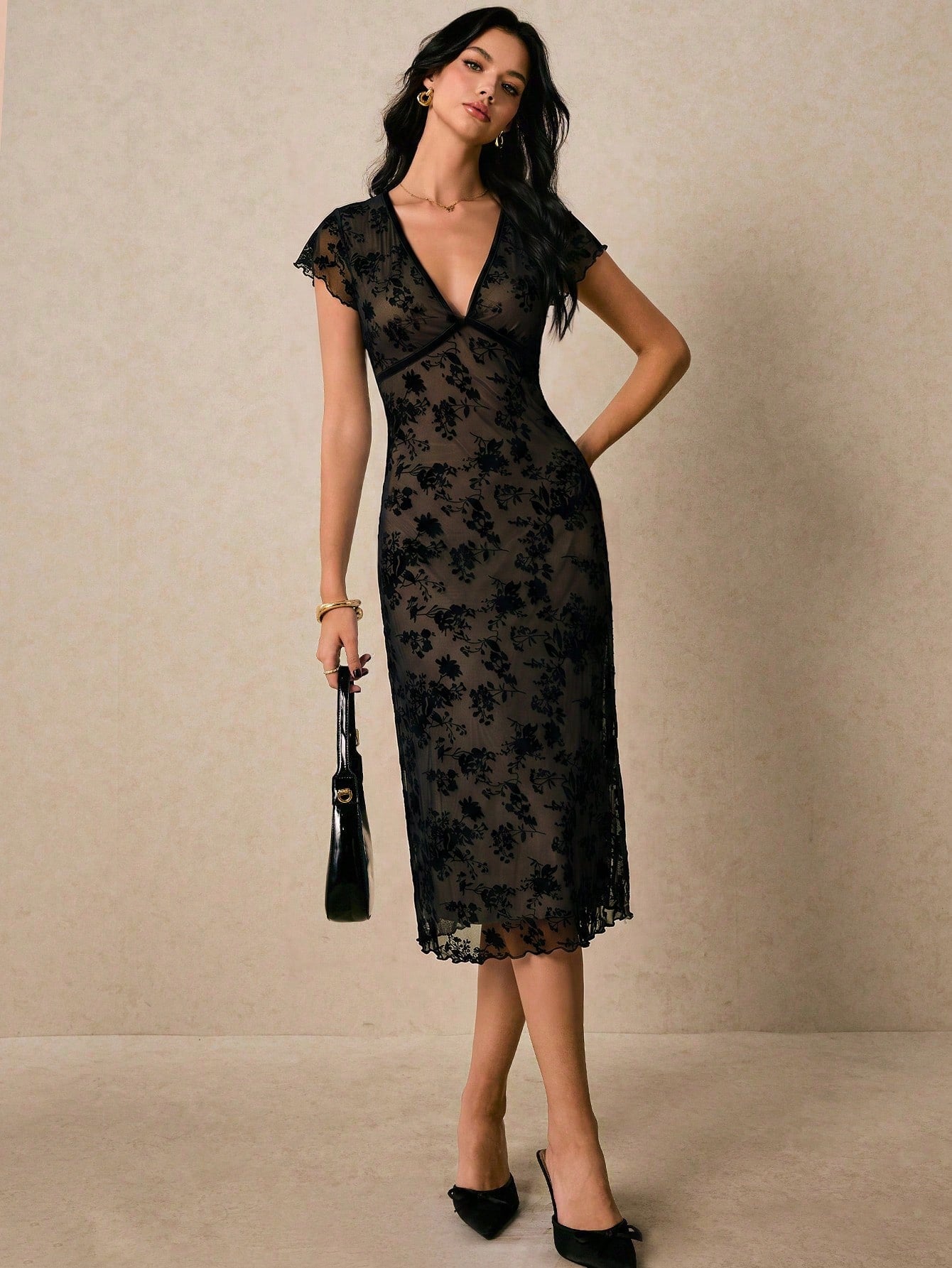 Poéselle Women's French Vacation Jacquard Frill Trim Fashion Dress Date Black Floral Summer Elegant