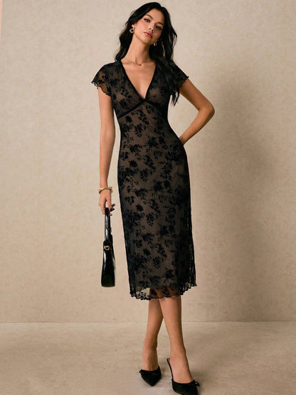 Poéselle Women's French Vacation Jacquard Frill Trim Fashion Dress Date Black Floral Summer Elegant