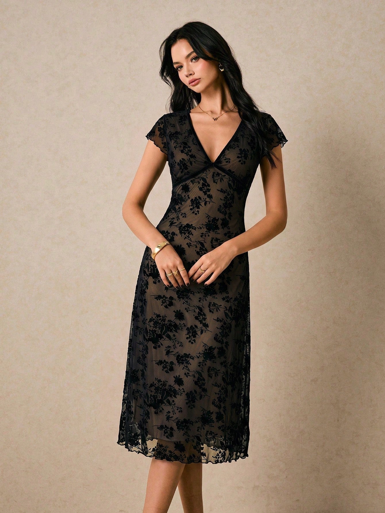 Poéselle Women's French Vacation Jacquard Frill Trim Fashion Dress Date Black Floral Summer Elegant