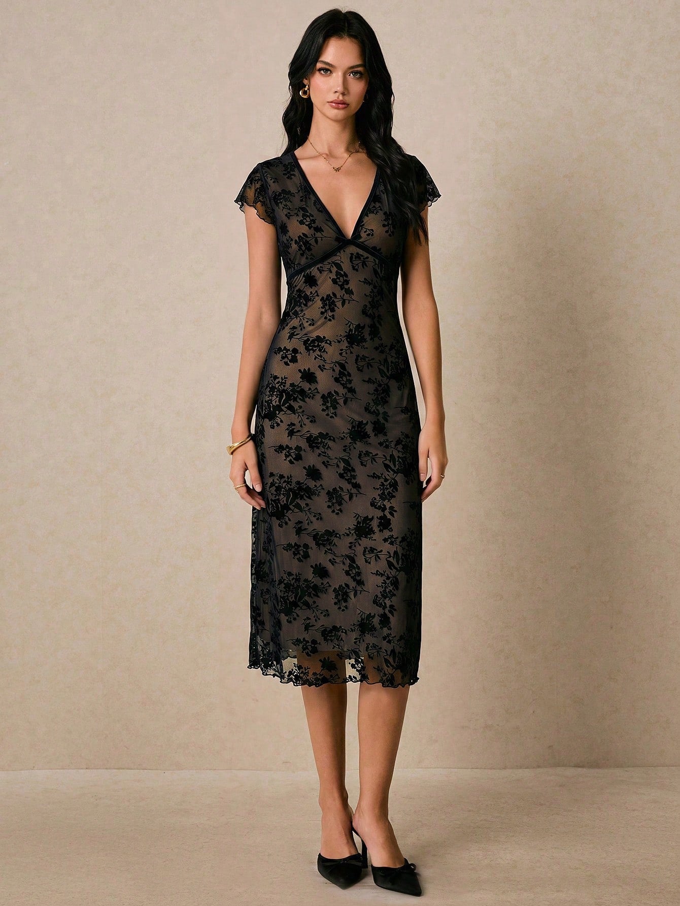 Poéselle Women's French Vacation Jacquard Frill Trim Fashion Dress Date Black Floral Summer Elegant