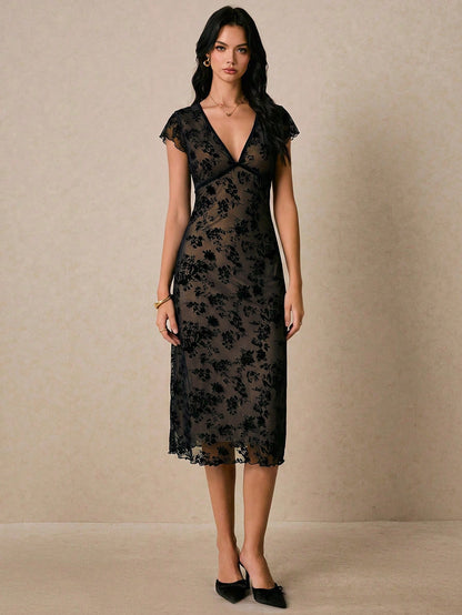 Poéselle Women's French Vacation Jacquard Frill Trim Fashion Dress Date Black Floral Summer Elegant