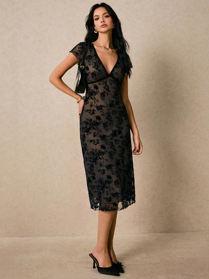 Poéselle Women's French Vacation Jacquard Frill Trim Fashion Dress Date Black Floral Summer Elegant