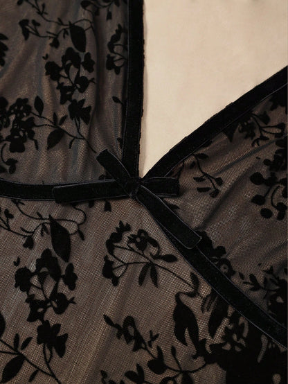 Poéselle Women's French Vacation Jacquard Frill Trim Fashion Dress Date Black Floral Summer Elegant