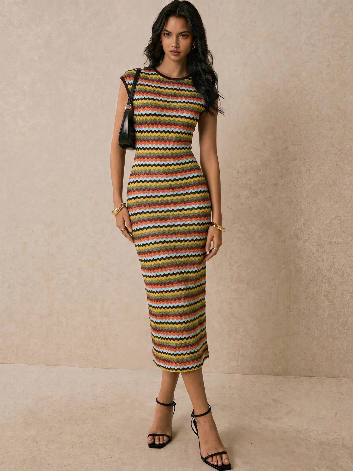 Poéselle Women's Green And Yellow Round Neck Cap Sleeve Fitted Elegant Boho Long Dress Vacation Summer