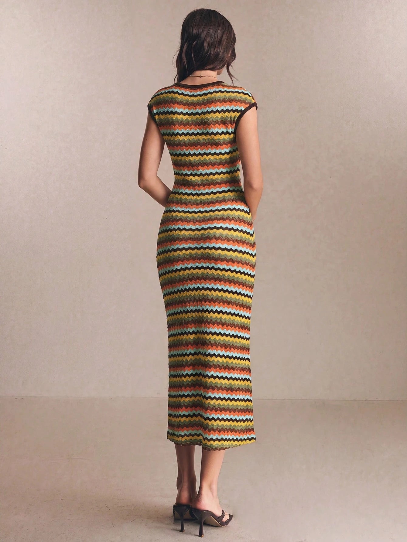 Poéselle Women's Green And Yellow Round Neck Cap Sleeve Fitted Elegant Boho Long Dress Vacation Summer