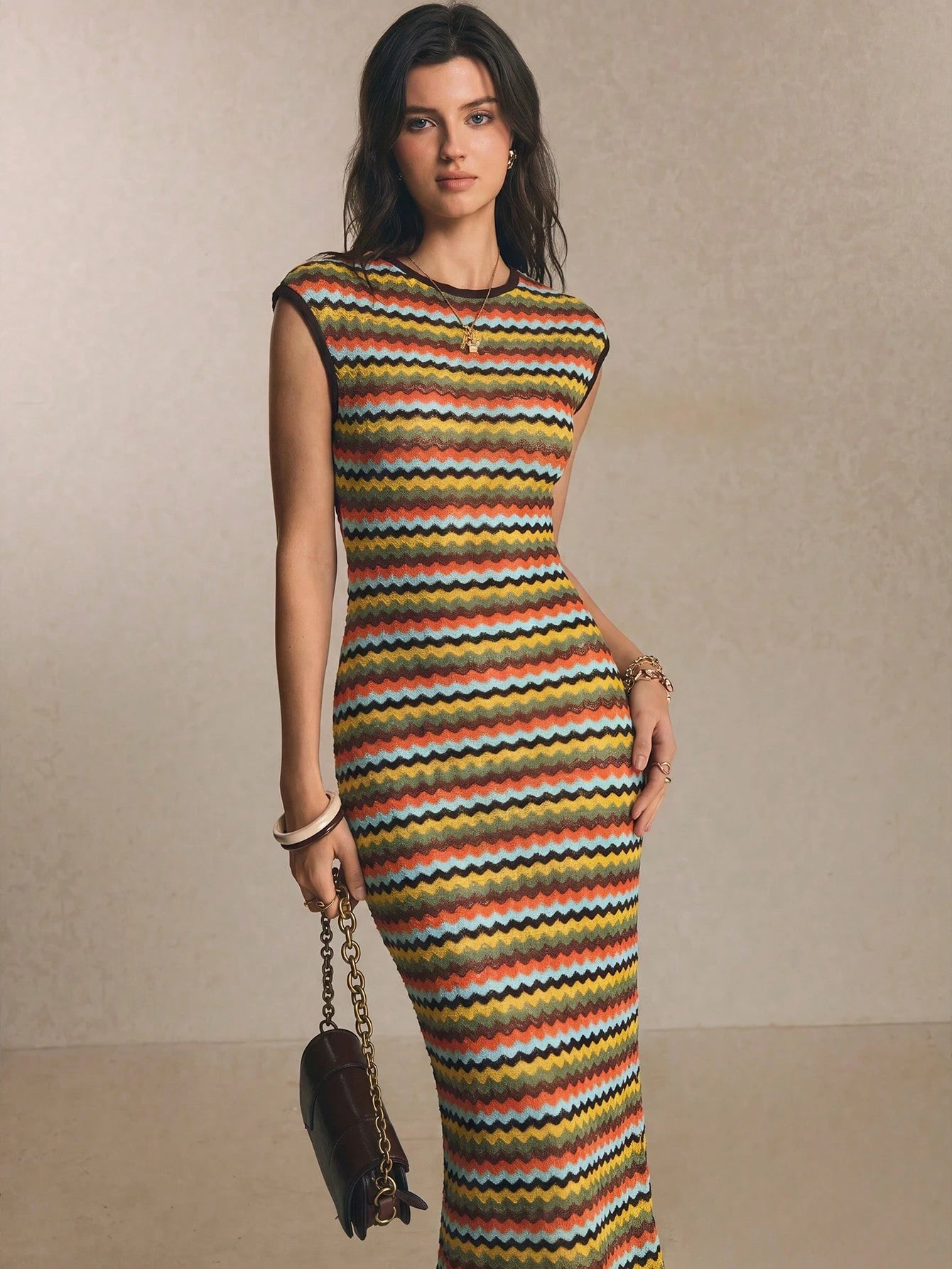 Poéselle Women's Green And Yellow Round Neck Cap Sleeve Fitted Elegant Boho Long Dress Vacation Summer