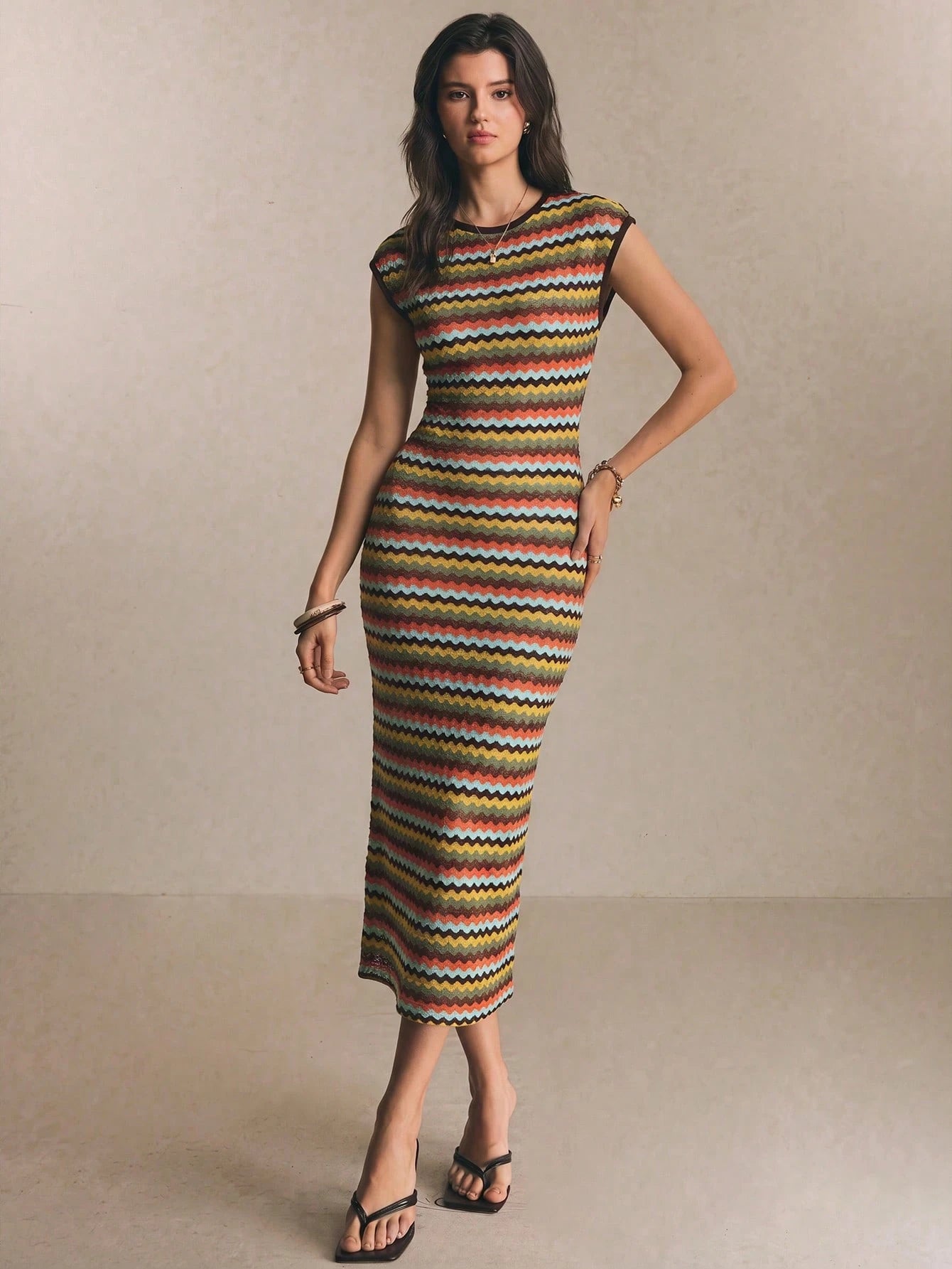 Poéselle Women's Green And Yellow Round Neck Cap Sleeve Fitted Elegant Boho Long Dress Vacation Summer
