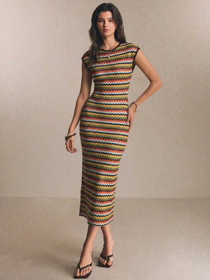 Poéselle Women's Green And Yellow Round Neck Cap Sleeve Fitted Elegant Boho Long Dress Vacation Summer