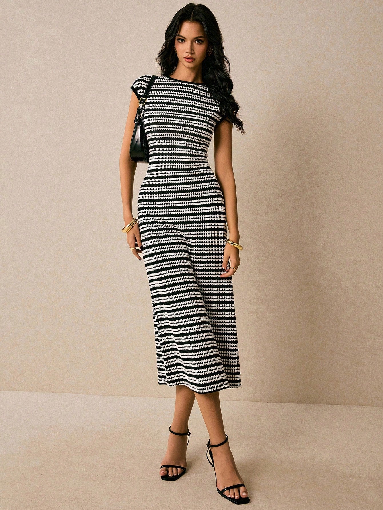 Poéselle Women's Green And Yellow Round Neck Cap Sleeve Fitted Elegant Boho Long Dress Vacation Summer