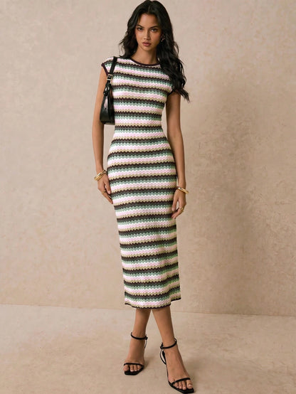 Poéselle Women's Striped Round Neck Cap Sleeve Fitted Elegant Long Dress