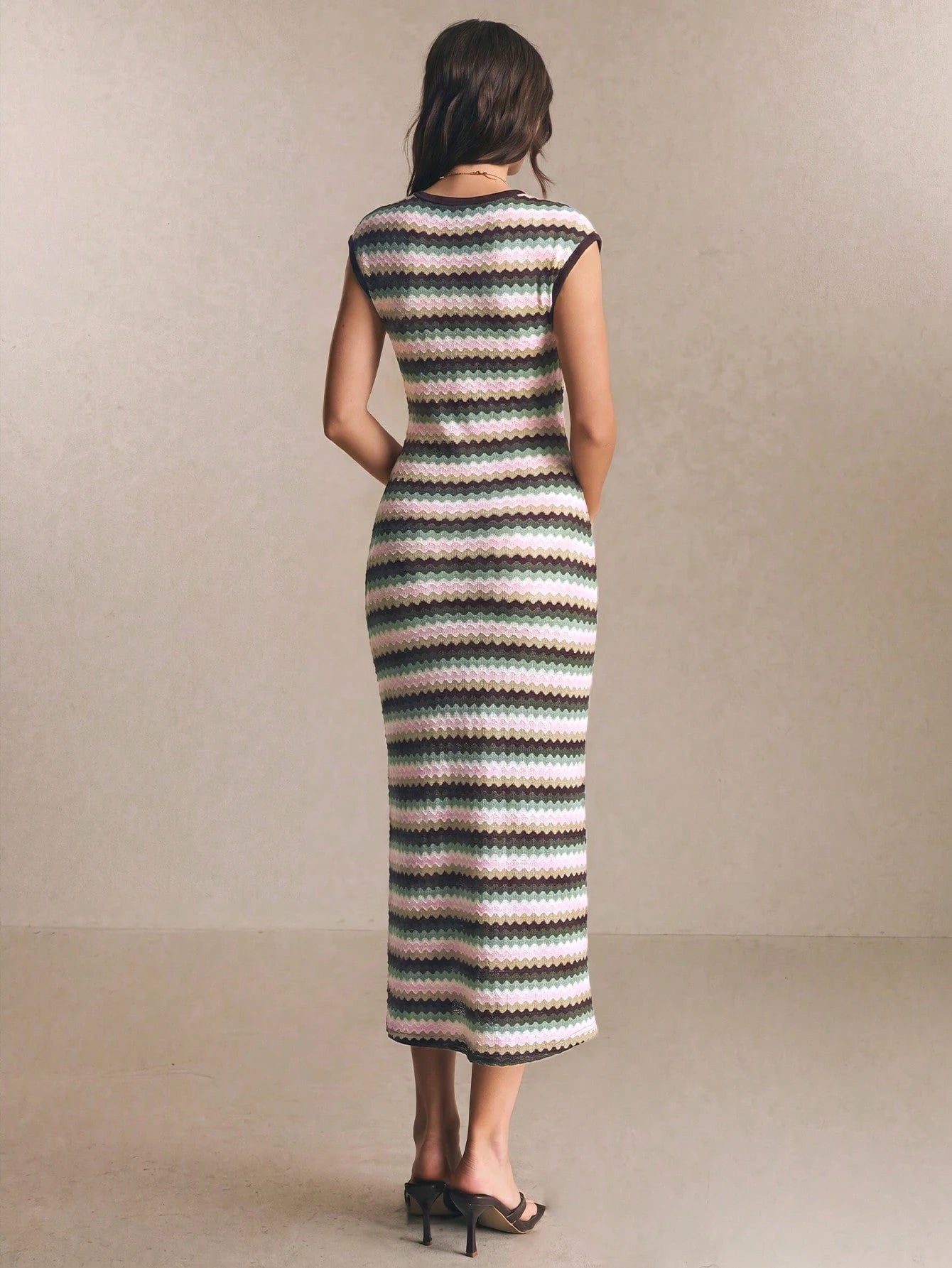 Poéselle Women's Striped Round Neck Cap Sleeve Fitted Elegant Long Dress