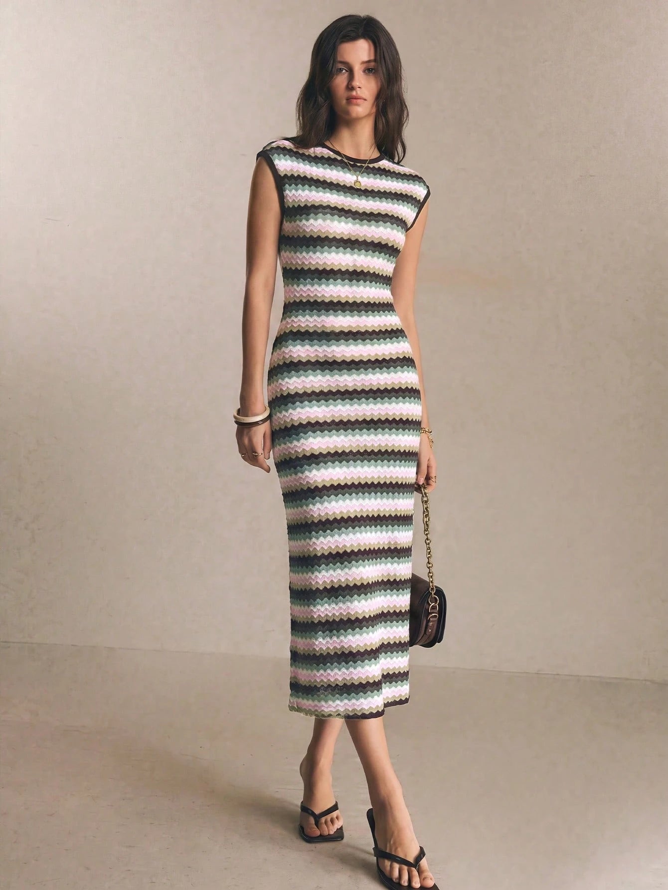 Poéselle Women's Striped Round Neck Cap Sleeve Fitted Elegant Long Dress