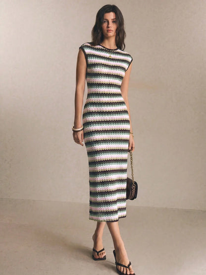 Poéselle Women's Striped Round Neck Cap Sleeve Fitted Elegant Long Dress