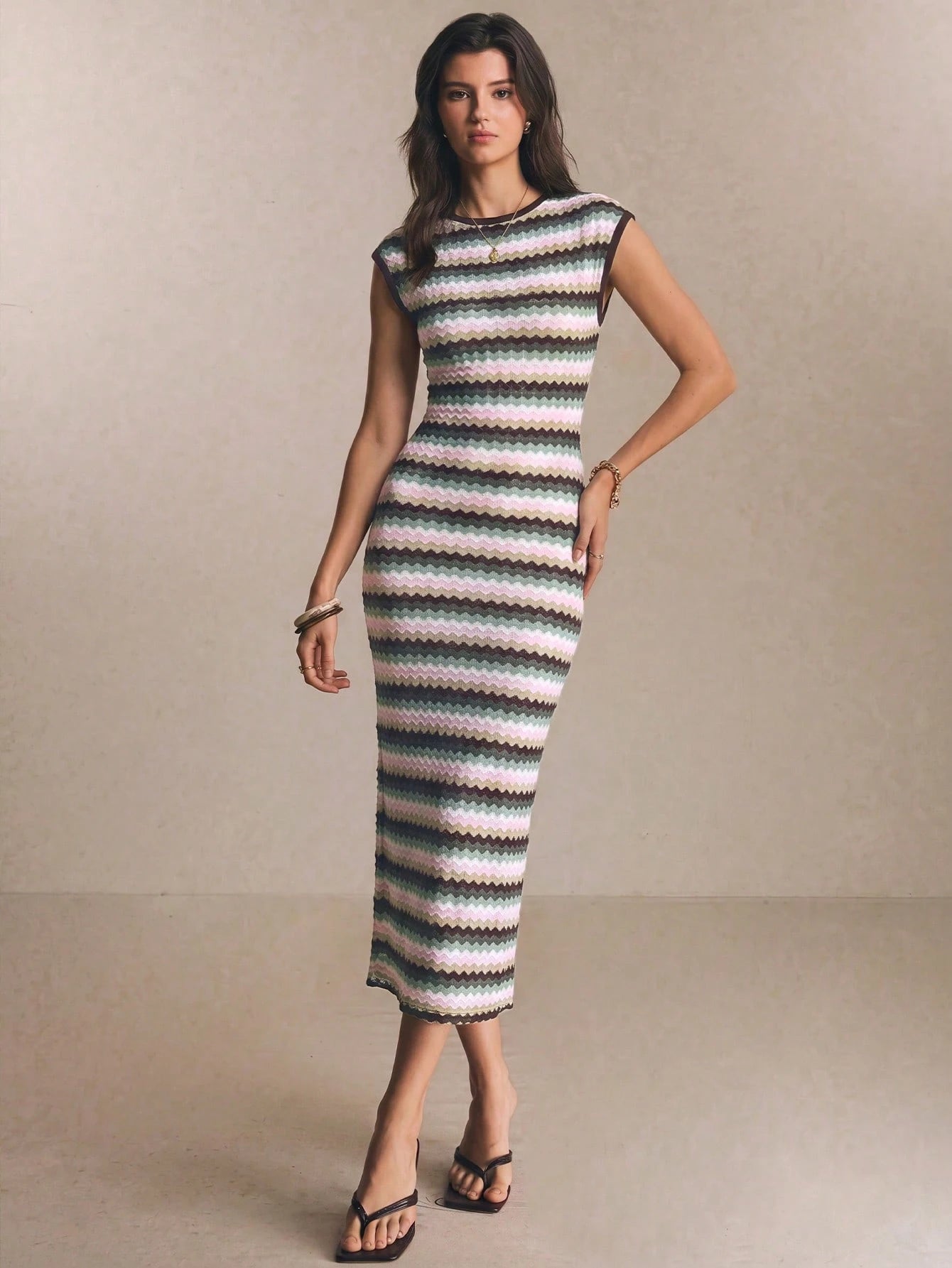 Poéselle Women's Striped Round Neck Cap Sleeve Fitted Elegant Long Dress