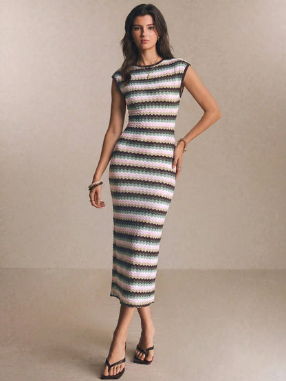 Poéselle Women's Striped Round Neck Cap Sleeve Fitted Elegant Long Dress