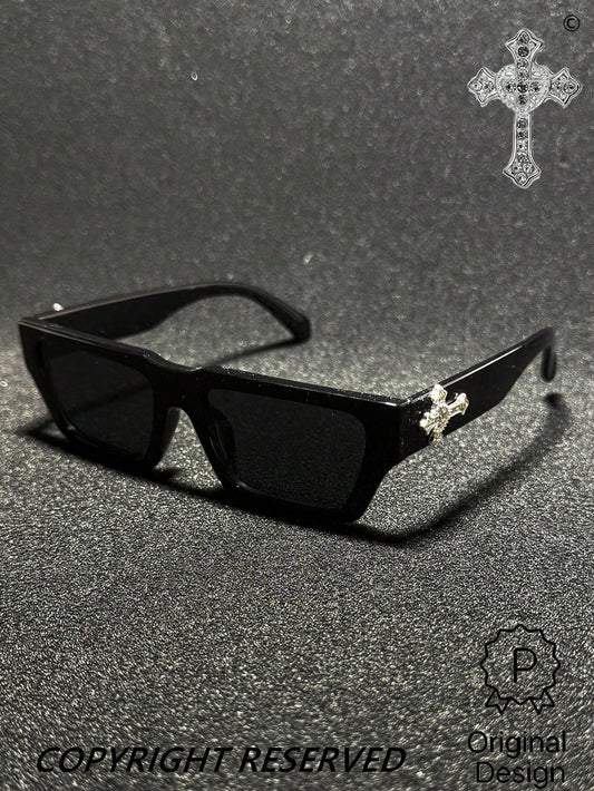 POLASUP 1pc Rhinestone Cross Decor Men's Fashion Glasses, Polycarbonate Explosion-Proof Lenses, Sports Street Retro Flat Top, Copper Hinge Non-Plastic Hinge, UV400 Anti-UV Sun Protection, Comes With G