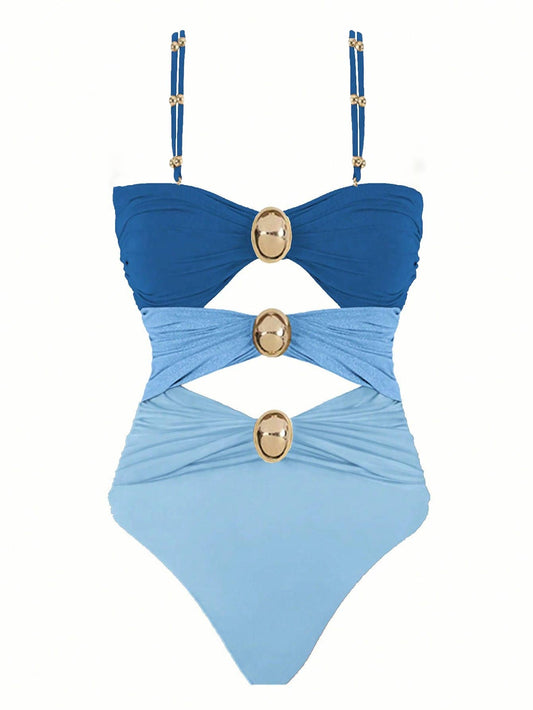 Polovedo Official White And Brown Color Block Hollow Out One Piece Swimsuit, Elegant Swimwear Suitable For Beach Vacation And Party Summer