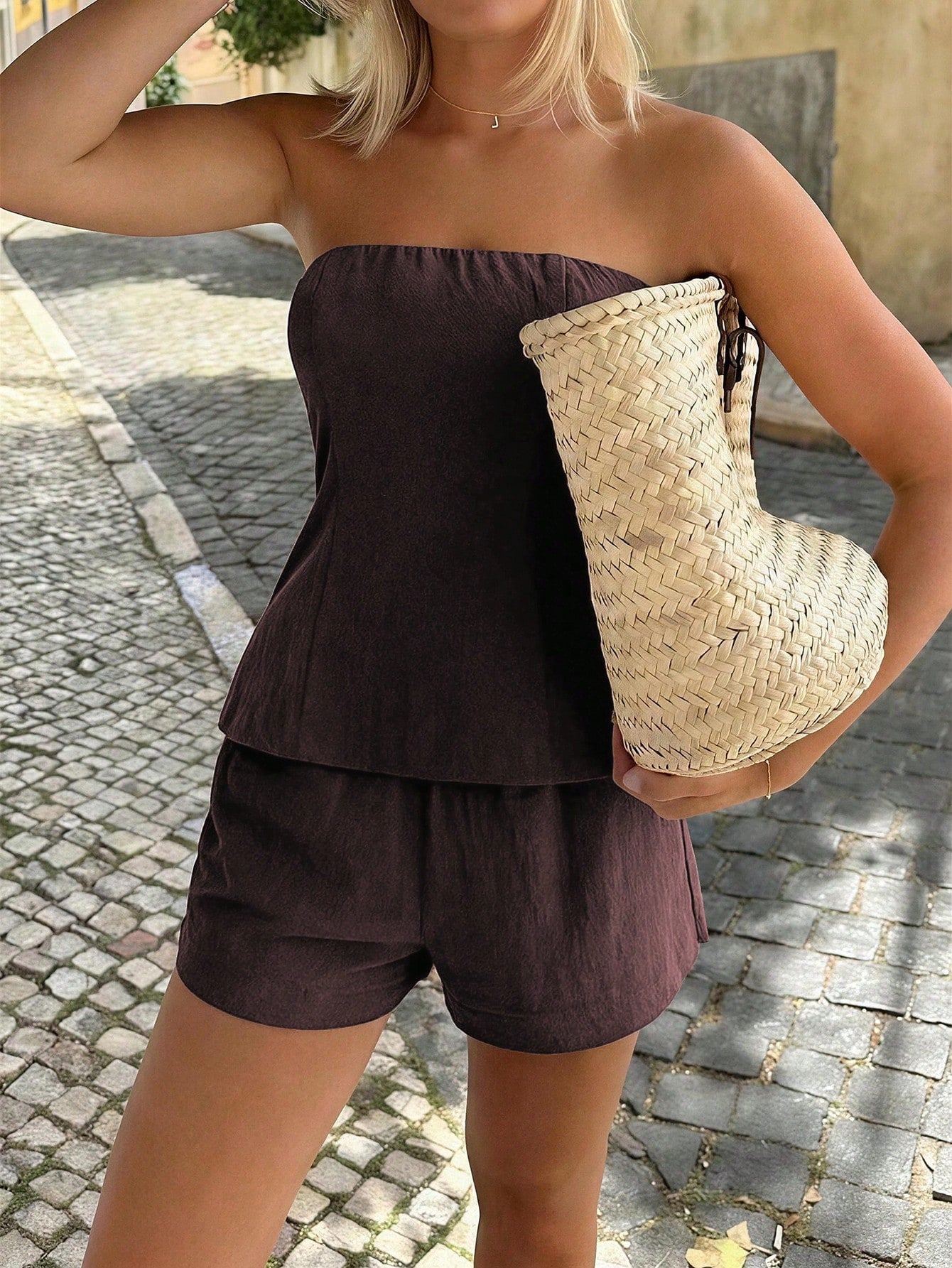 PoPoHouse Women 100% Pure Cotton 2 Pieces Set Sexy Backless Strapless Top And Loose Comfortable Shorts Summer Brown, Co-Ord Set Elegant