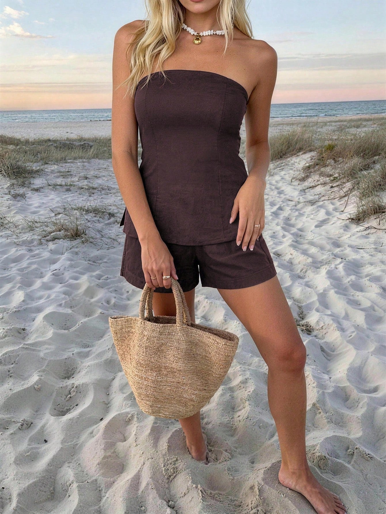 PoPoHouse Women 100% Pure Cotton 2 Pieces Set Sexy Backless Strapless Top And Loose Comfortable Shorts Summer Brown, Co-Ord Set Elegant