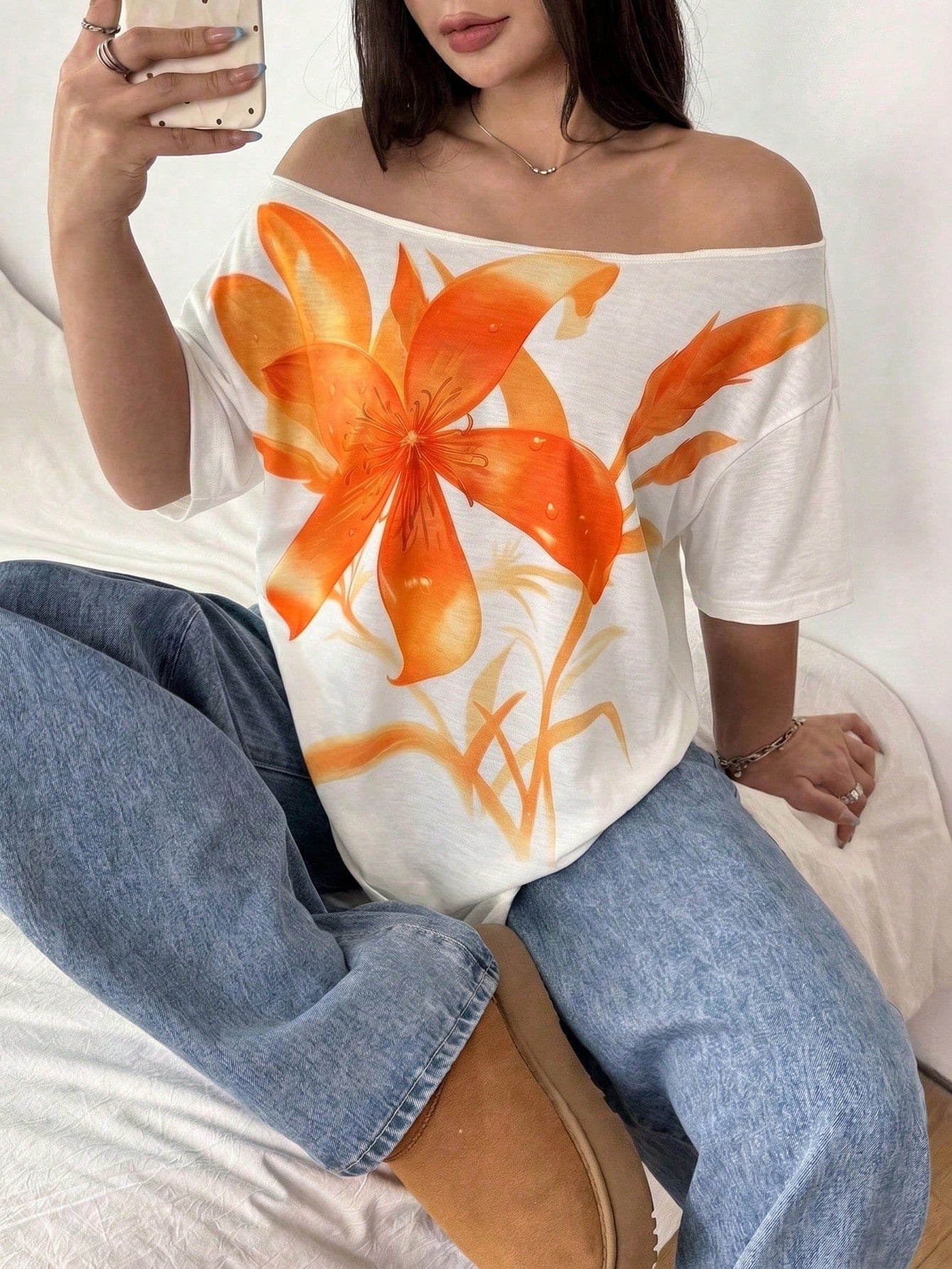 POPSWAY Plus Size Women's Floral Digital Print Off Shoulder Short Sleeve White T-Shirt, Summer Smart Casual Everyday Elegant Loose Top