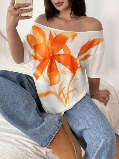 POPSWAY Plus Size Women's Floral Digital Print Off Shoulder Short Sleeve White T-Shirt, Summer Smart Casual Everyday Elegant Loose Top