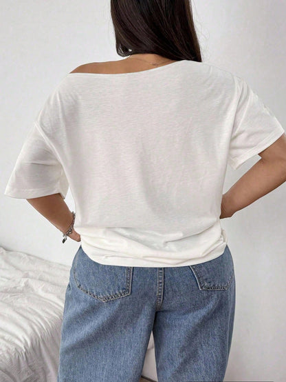 POPSWAY Plus Size Women's Floral Digital Print Off Shoulder Short Sleeve White T-Shirt, Summer Smart Casual Everyday Elegant Loose Top