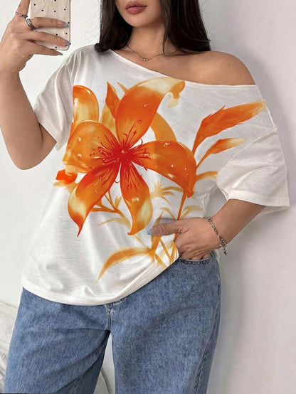 POPSWAY Plus Size Women's Floral Digital Print Off Shoulder Short Sleeve White T-Shirt, Summer Smart Casual Everyday Elegant Loose Top