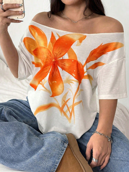 POPSWAY Plus Size Women's Floral Digital Print Off Shoulder Short Sleeve White T-Shirt, Summer Smart Casual Everyday Elegant Loose Top