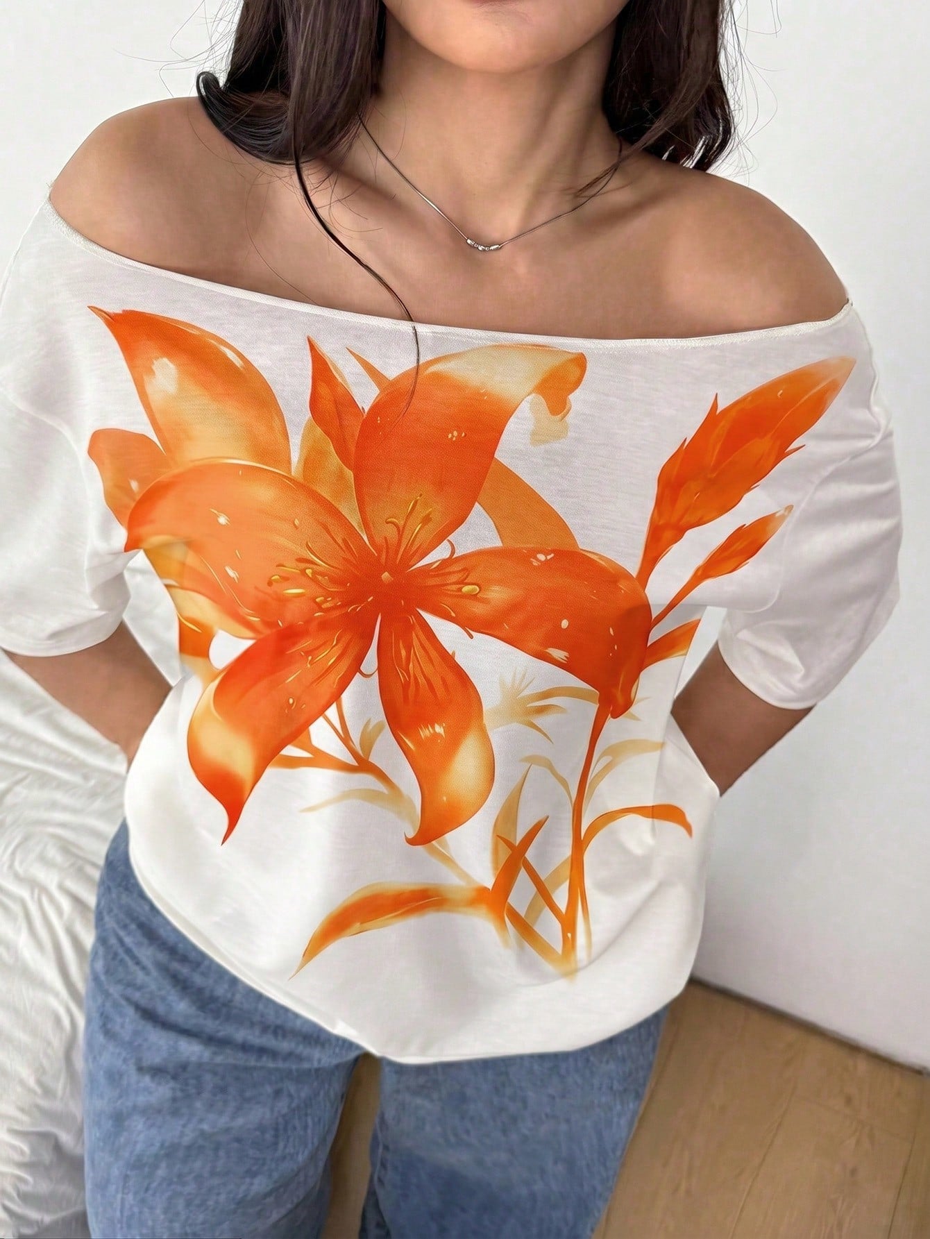 POPSWAY Plus Size Women's Floral Digital Print Off Shoulder Short Sleeve White T-Shirt, Summer Smart Casual Everyday Elegant Loose Top