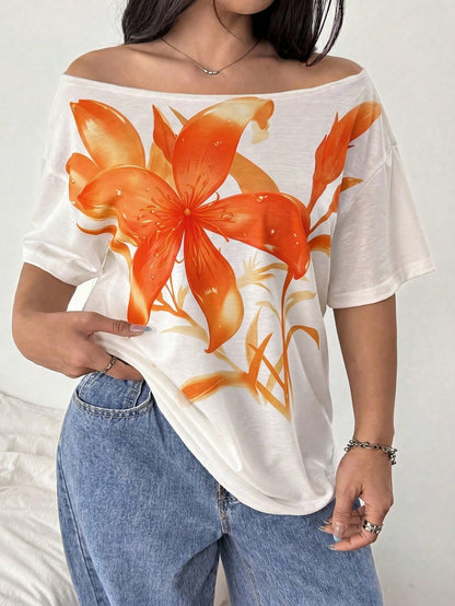 POPSWAY Plus Size Women's Floral Digital Print Off Shoulder Short Sleeve White T-Shirt, Summer Smart Casual Everyday Elegant Loose Top
