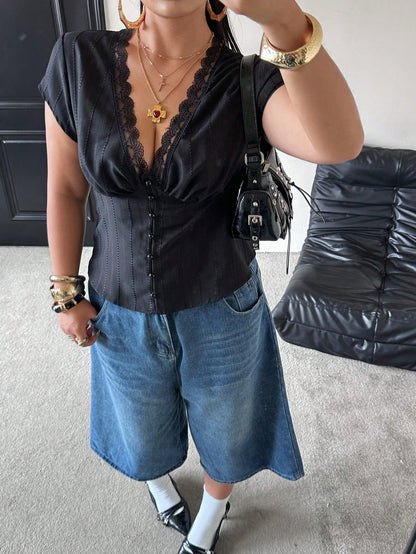 POPSWAY Women's Summer Black Elegant Formal Evening Night Out Club Autumn French Style Lace Trim V-Neck Cinched Waist Hollow Textured Shirt Blouse