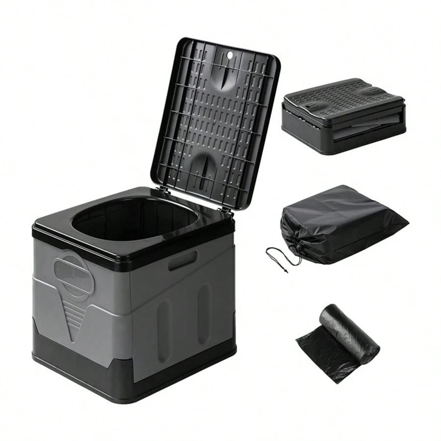 Portable Folding Toilet With Lid- Camping, Boating & Outdoor Travel Emergency Use- Includes Trash Bag & Storage Bag- No Electricity Required- Space-Saving Design For Cars, Trucks & RVs- Durable P