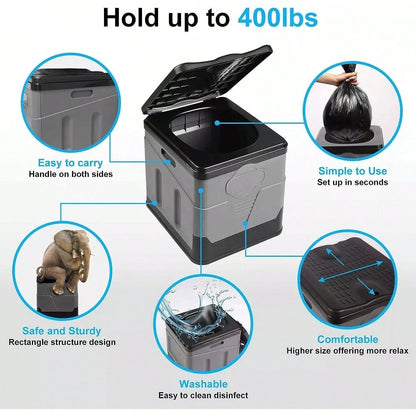 Portable Folding Toilet With Lid- Camping, Boating & Outdoor Travel Emergency Use- Includes Trash Bag & Storage Bag- No Electricity Required- Space-Saving Design For Cars, Trucks & RVs- Durable P