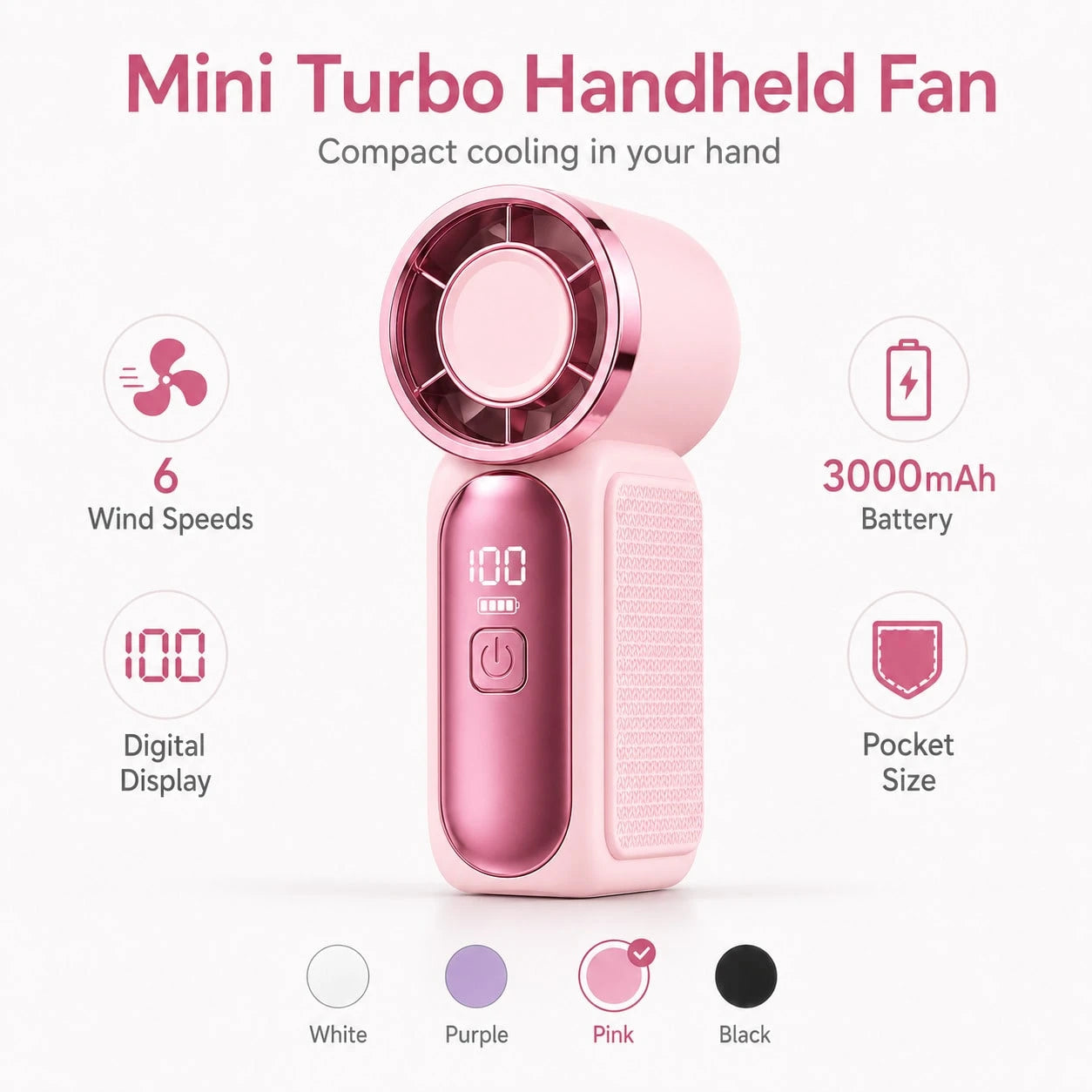Portable Handheld Mini Fan, 6 Speeds 16900 RPM High Velocity Personal Fan With LED Display, USBRechargeable, Mini Fan With Lanyard For Makeup, Travel, Outdoor For Women Girl Gift