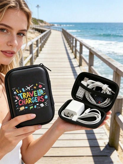 Portable Mini Storage Bag With "Charging" Text And Charger Pattern, Shockproof Digital Pouch, Phone Charger & Data Cable Organizer, Zipper Wallet Style Storage Bag, Electronics Organizer Bag, Suitable