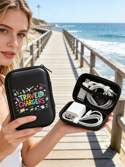 Portable Mini Storage Bag With "Charging" Text And Charger Pattern, Shockproof Digital Pouch, Phone Charger & Data Cable Organizer, Zipper Wallet Style Storage Bag, Electronics Organizer Bag, Suitable