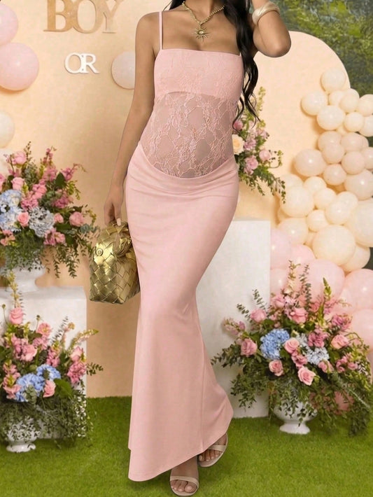 Pregnant Women's Pink Lace Spaghetti Strap Mermaid Dress, Maternity Photography Gown, Sheer Belly Exposure Pregnancy Dress For Party & Photo Shoot, Suitable For Mid-Late Pregnancy