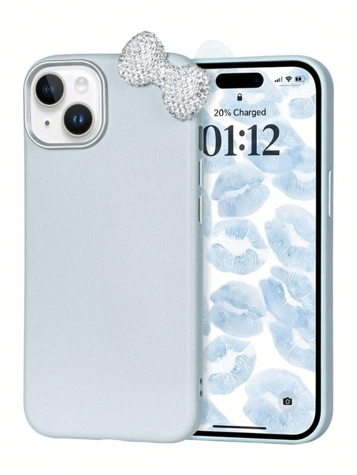 Premium Pure Blue-Grey Phone Case 2-Piece Set (Phone Case + Bow Tie)| Exquisite Blue-Grey Sparkling Diamond Bow Tie Detachable Phone Case Suitable For IPhone 17/17 Pro/17 Pro Max/17 Pro Max/Plus, S20