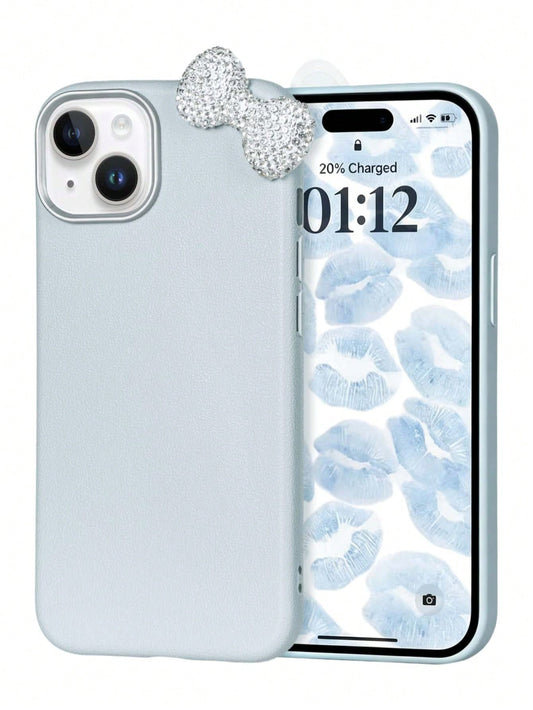 Premium Pure Blue-Grey Phone Case 2-Piece Set (Phone Case + Bow Tie)| Exquisite Blue-Grey Sparkling Diamond Bow Tie Detachable Phone Case Suitable For IPhone 17/17 Pro/17 Pro Max/17 Pro Max/Plus, S20