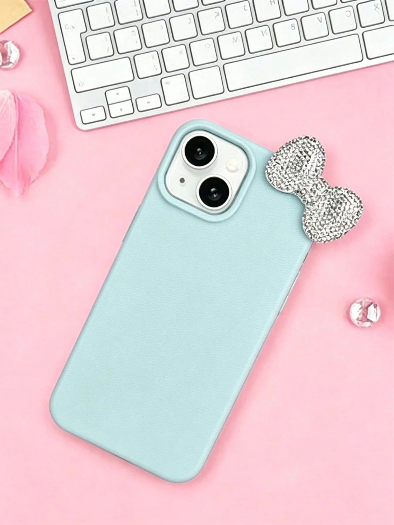 Premium Pure Blue-Grey Phone Case 2-Piece Set (Phone Case + Bow Tie)| Exquisite Blue-Grey Sparkling Diamond Bow Tie Detachable Phone Case Suitable For IPhone 17/17 Pro/17 Pro Max/17 Pro Max/Plus, S20