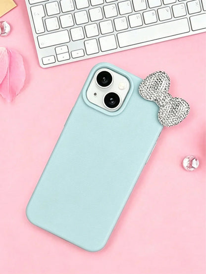 Premium Pure Blue-Grey Phone Case 2-Piece Set (Phone Case + Bow Tie)| Exquisite Blue-Grey Sparkling Diamond Bow Tie Detachable Phone Case Suitable For IPhone 17/17 Pro/17 Pro Max/17 Pro Max/Plus, S20