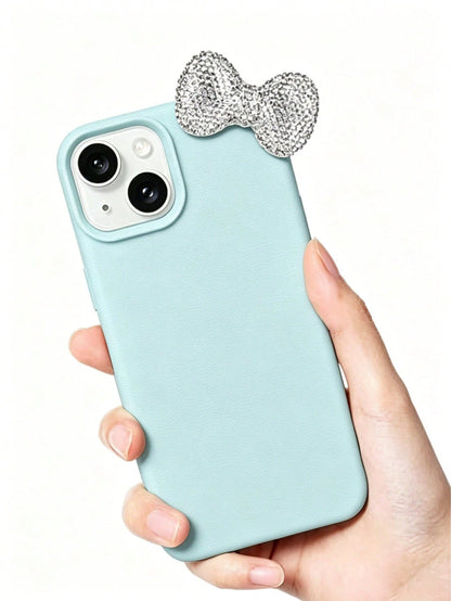 Premium Pure Blue-Grey Phone Case 2-Piece Set (Phone Case + Bow Tie)| Exquisite Blue-Grey Sparkling Diamond Bow Tie Detachable Phone Case Suitable For IPhone 17/17 Pro/17 Pro Max/17 Pro Max/Plus, S20
