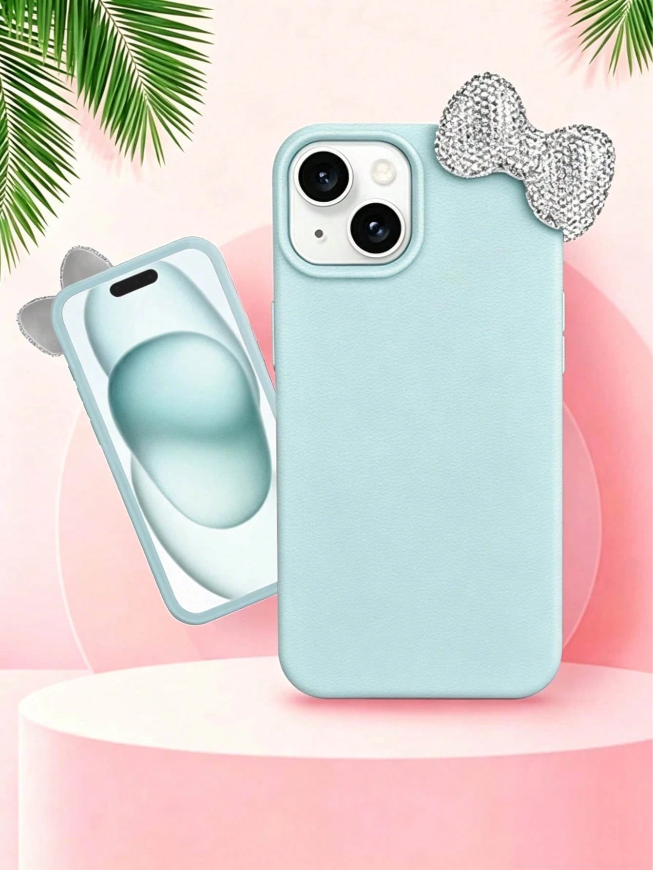 Premium Pure Blue-Grey Phone Case 2-Piece Set (Phone Case + Bow Tie)| Exquisite Blue-Grey Sparkling Diamond Bow Tie Detachable Phone Case Suitable For IPhone 17/17 Pro/17 Pro Max/17 Pro Max/Plus, S20