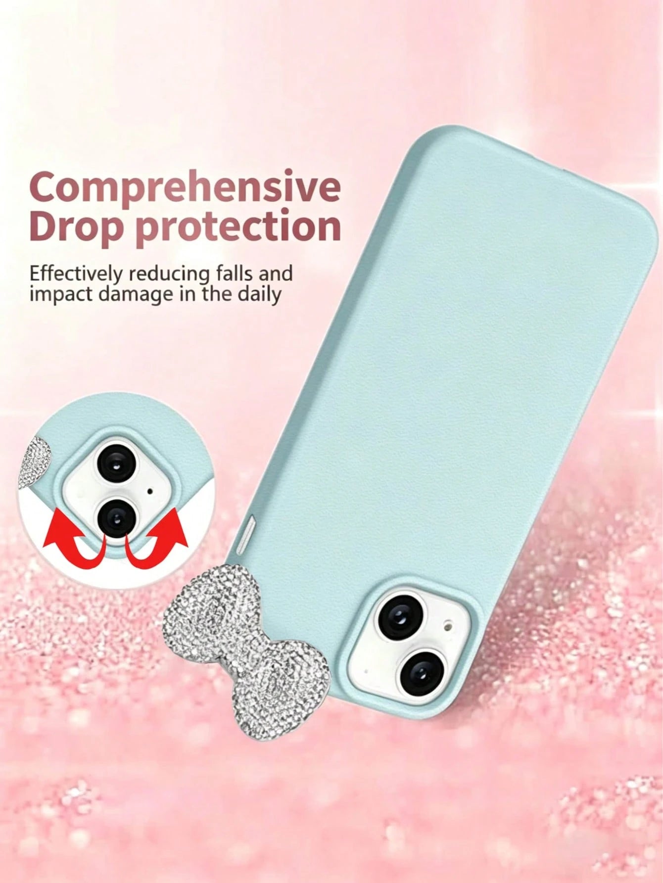 Premium Pure Blue-Grey Phone Case 2-Piece Set (Phone Case + Bow Tie)| Exquisite Blue-Grey Sparkling Diamond Bow Tie Detachable Phone Case Suitable For IPhone 17/17 Pro/17 Pro Max/17 Pro Max/Plus, S20